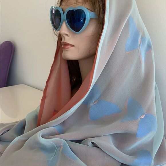 Reversible blue/coral brick butterfly very sheer silk chiffon scarf 22" x 66" - Picture 1 of 11